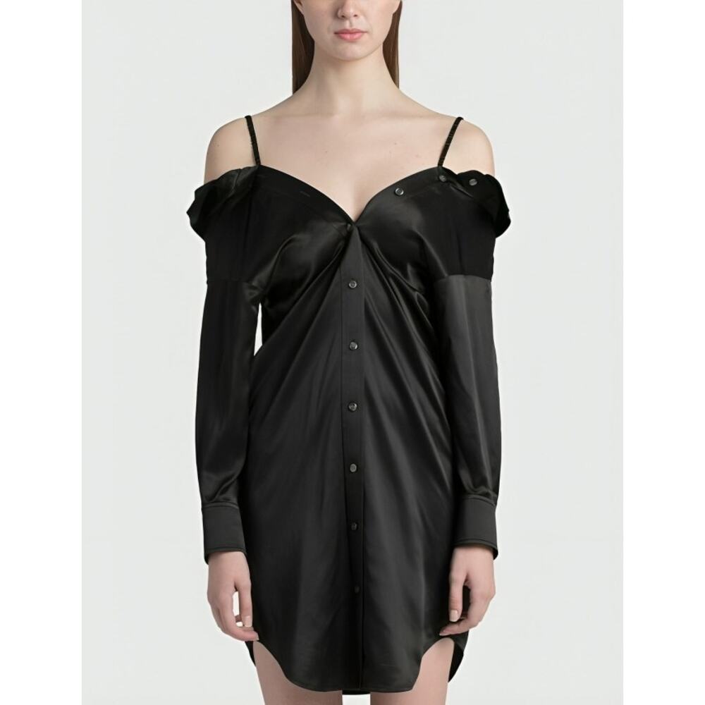 Alexander Wang Off The Shoulder Shirt Dress Scrunchie Strap Black Size 4 Silk